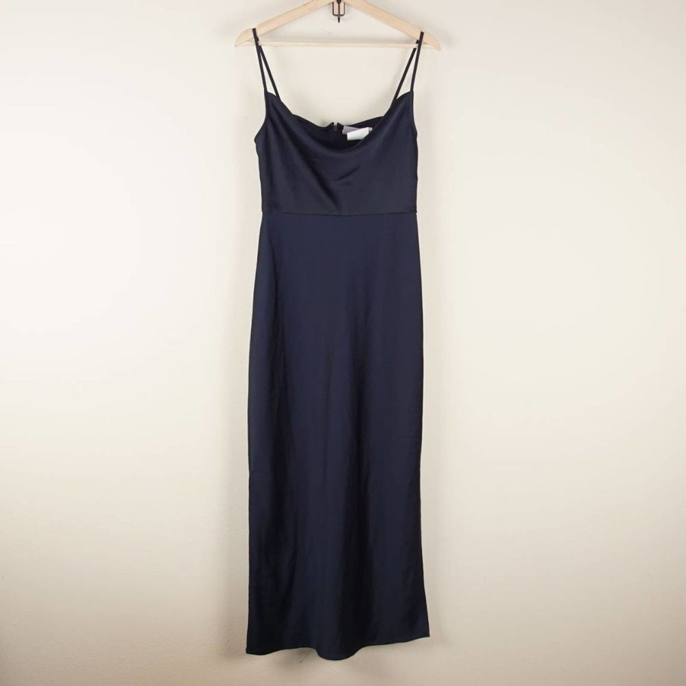 Anthropologie BHLDN Cali Satin Charmeuse Midi Navy Blue Dress Womens Sz 8